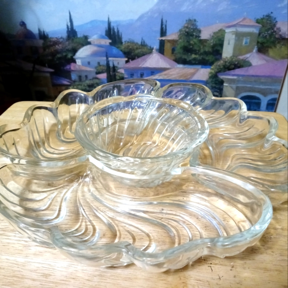 Vintage Kromex Lazy Susan 4 Glass Dishes,Diameter 14"×2",Dish 6.5"×3".
